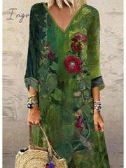 Ingvn - Women’s Casual Dress Ethnic Long Maxi Green 3/4 Length Sleeve Floral Print Summer Spring