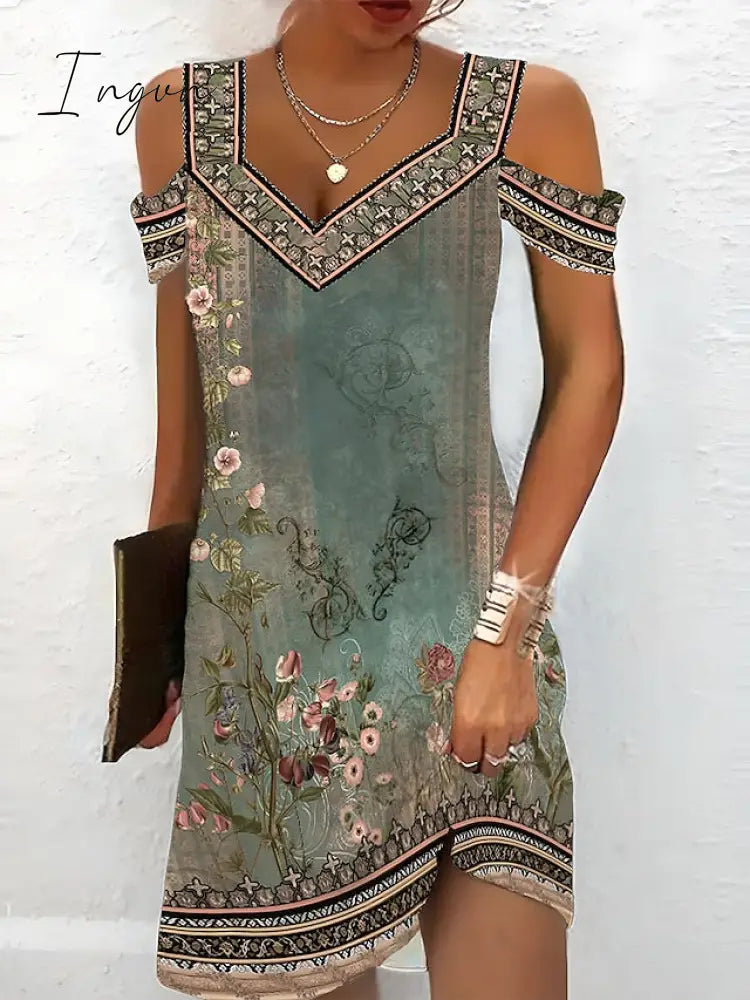 Ingvn - Women’s Casual Dress Ethnic Summer Floral Tribal Cut Out Print V Neck Mini Active Fashion