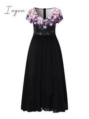 Ingvn - Women’s Casual Dress Lace Sheath Midi Black Blue Purple Short Sleeve Floral Ruched Fall