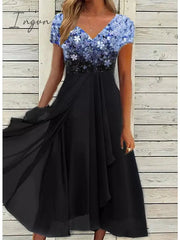 Ingvn - Women’s Casual Dress Lace Sheath Midi Black Blue Purple Short Sleeve Floral Ruched Fall