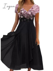Ingvn - Women’s Casual Dress Lace Sheath Midi Black Blue Purple Short Sleeve Floral Ruched Fall