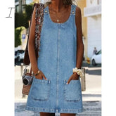 Ingvn - Women’s Casual Dress Shift Denim Overall Pinafore Mini Fashion Modern Outdoor Daily