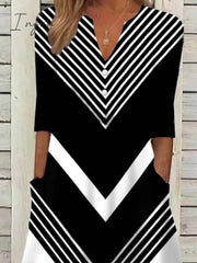 Ingvn - Women’s Casual Dress Shift Midi Black And White Stripes Green Dark Blue Half Sleeve Color