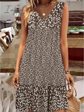 Ingvn - Women’s Casual Dress Shift Midi Brown Sleeveless Floral Print Spring Summer V Neck Basic