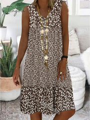 Ingvn - Women’s Casual Dress Shift Midi Brown Sleeveless Floral Print Spring Summer V Neck Basic