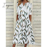 Ingvn - Women’s Casual Dress Shift Midi White Blue Half Sleeve Leaf Print Summer Spring V Neck