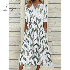 Ingvn - Women’s Casual Dress Shift Midi White Blue Half Sleeve Leaf Print Summer Spring V Neck