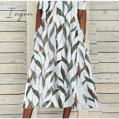 Ingvn - Women’s Casual Dress Shift Midi White Blue Half Sleeve Leaf Print Summer Spring V Neck