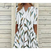 Ingvn - Women’s Casual Dress Shift Midi White Blue Half Sleeve Leaf Print Summer Spring V Neck