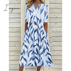 Ingvn - Women’s Casual Dress Shift Midi White Blue Half Sleeve Leaf Print Summer Spring V Neck