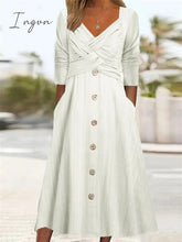 Ingvn - Women’s Casual Dress Summer Pleated Plain Ruched Button V Neck Midi Fashion Mature