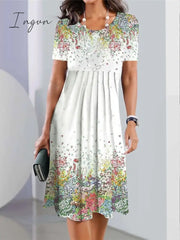 Ingvn - Women’s Casual Dress Summer Print Floral Ombre Pocket Crew Neck Midi Fashion Streetwear