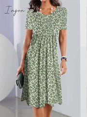 Ingvn - Women’s Casual Dress Summer Print Floral Ombre Pocket Crew Neck Midi Fashion Streetwear