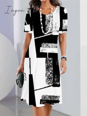 Ingvn - Women’s Casual Dress Summer Print Geometric Color Block Crew Neck Mini Fashion Streetwear