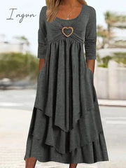 Ingvn - Women’s Casual Dress Swing Midi Green Light Grey Dark Gray Long Sleeve Pure Color Ruched