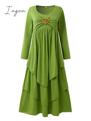 Ingvn - Women’s Casual Dress Swing Midi Green Light Grey Dark Gray Long Sleeve Pure Color Ruched