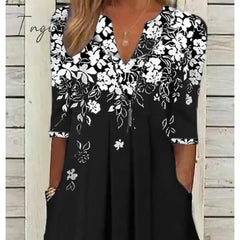 Ingvn - Women’s Casual Dress T Shirt Tee Shift Midi Black Wine Blue Half Sleeve Floral Patchwork