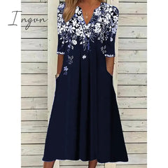 Ingvn - Women’s Casual Dress T Shirt Tee Shift Midi Black Wine Blue Half Sleeve Floral Patchwork