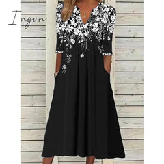 Ingvn - Women’s Casual Dress T Shirt Tee Shift Midi Black Wine Blue Half Sleeve Floral Patchwork