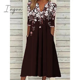 Ingvn - Women’s Casual Dress T Shirt Tee Shift Midi Black Wine Blue Half Sleeve Floral Patchwork
