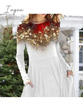 Ingvn - Women’s Christmas Casual Dress Swing Midi Red Long Sleeve Leopard Pocket Winter Fall