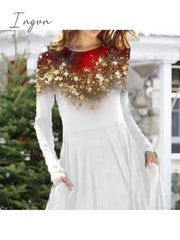 Ingvn - Women’s Christmas Casual Dress Swing Midi Red Long Sleeve Leopard Pocket Winter Fall