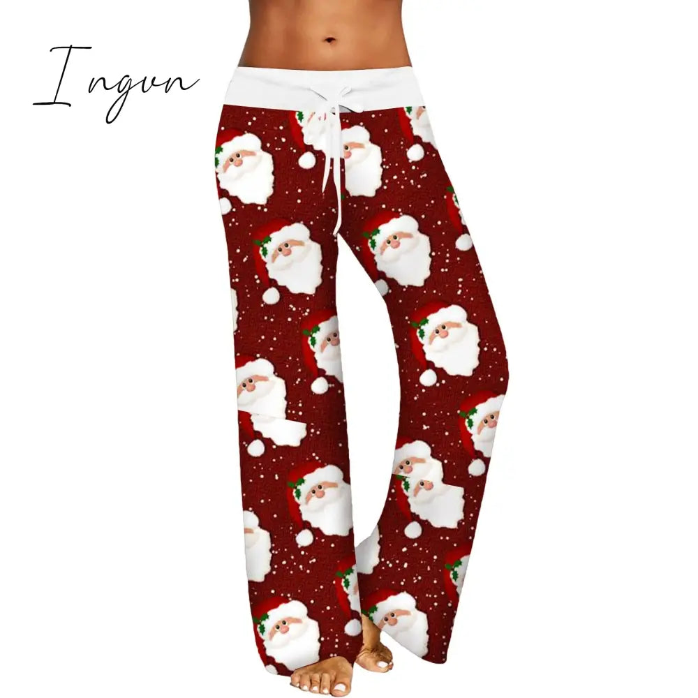 Ingvn - Womens Christmas Pants Cartoon Santa Claus Print Wide Leg Pull Rope Elastic Drawstrings
