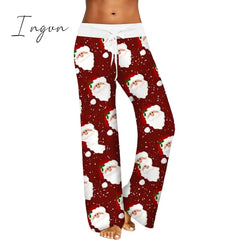 Ingvn - Womens Christmas Pants Cartoon Santa Claus Print Wide Leg Pull Rope Elastic Drawstrings