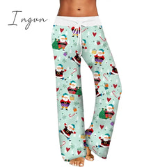 Ingvn - Womens Christmas Pants Cartoon Santa Claus Print Wide Leg Pull Rope Elastic Drawstrings