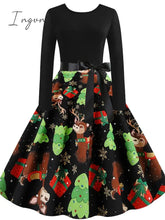 Ingvn - Women’s Christmas Swing Dress Knee Length Black Long Sleeve Tree Bow Print Fall Winter