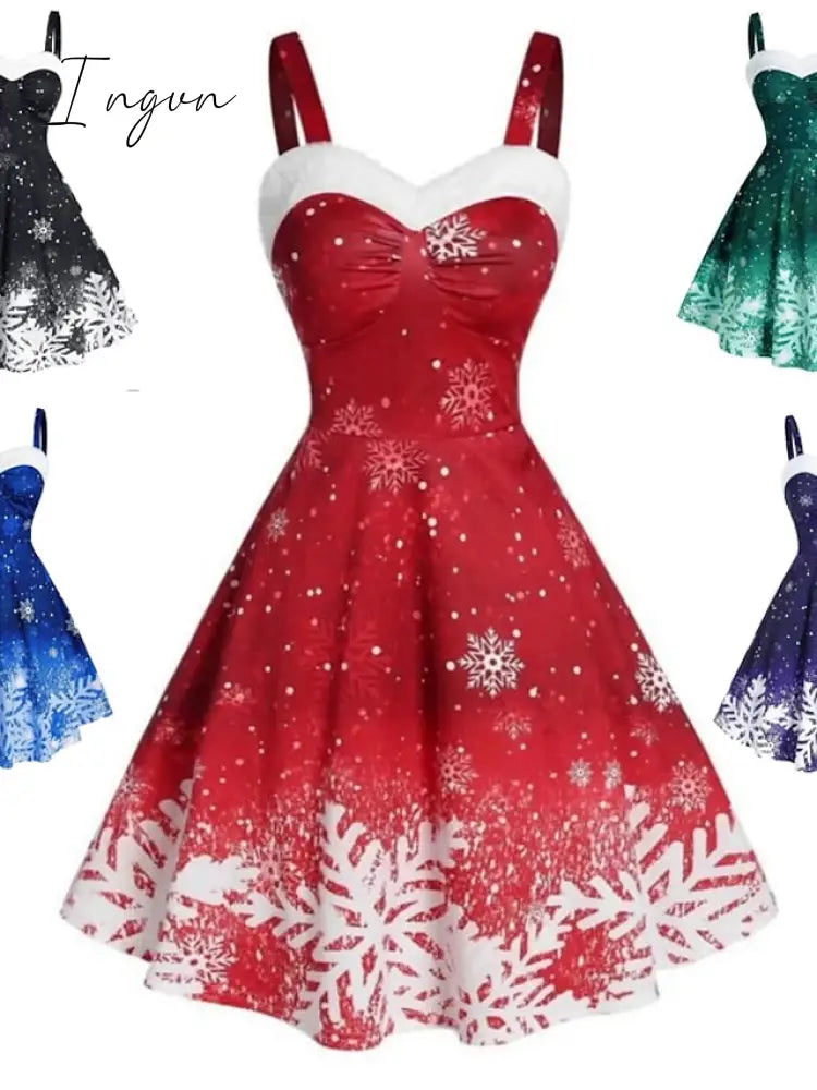 Ingvn - Women’s Christmas Swing Dress Slip Midi Green Blue Purple Red Black Sleeveless Snowflake