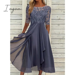 Ingvn - Women‘s Cocktail Party Dress Lace Midi Green Blue Purple Half Sleeve Floral Embroidery