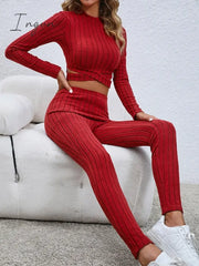 Ingvn - Women’s Crop Top Pants Sets Black Red Khaki Solid Color Long Sleeve Casual Daily Fashion
