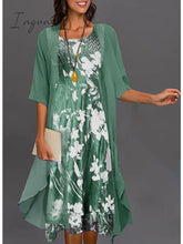 Ingvn - Women‘s Dress Set Two Piece Midi Green Blue Gray Half Sleeve Floral Print Summer Spring U