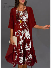 Ingvn - Women‘s Dress Set Two Piece Midi Green Blue Gray Half Sleeve Floral Print Summer Spring U