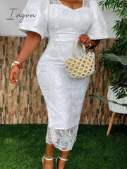 Ingvn - Women’s Elegant Floral Lace Bodycon Dress Short Sleeve Square Neck V Back Midi Length
