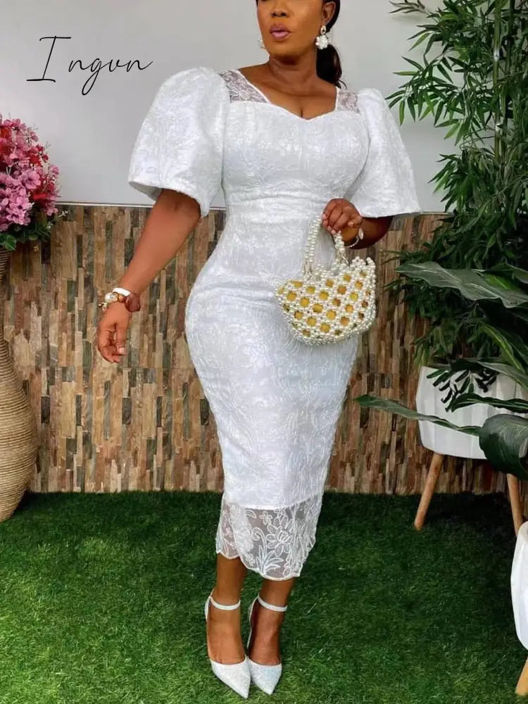 Ingvn - Women’s Elegant Floral Lace Bodycon Dress Short Sleeve Square Neck V Back Midi Length
