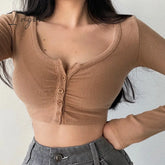 Ingvn - Womens Fall Fashion Korean Slim V-Neck Long Sleeve Bottomed Tops And Blouses High Street