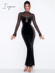 Ingvn - Womens Fall Fashion Mesh Patchwork O Neck Long Sleeve Maxi Dress Women Autumn Winter