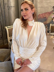 Ingvn - Womens Fall Fashion Satin Ruched Deep V Neck Long Sleeve Mini Bodycon Dress Women Autumn