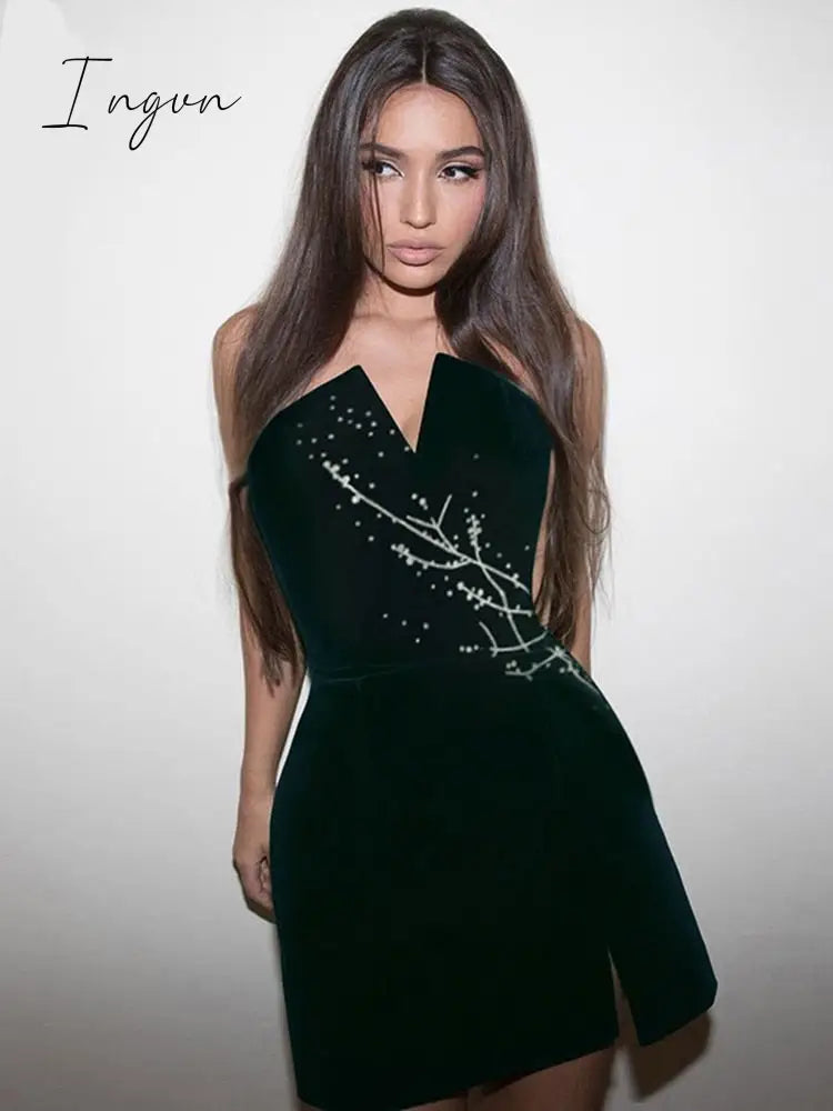 Ingvn - Womens Fall Fashion V Neck Velvet Dress Women Sexy Sleeveless Elegant Female Clothes Solid