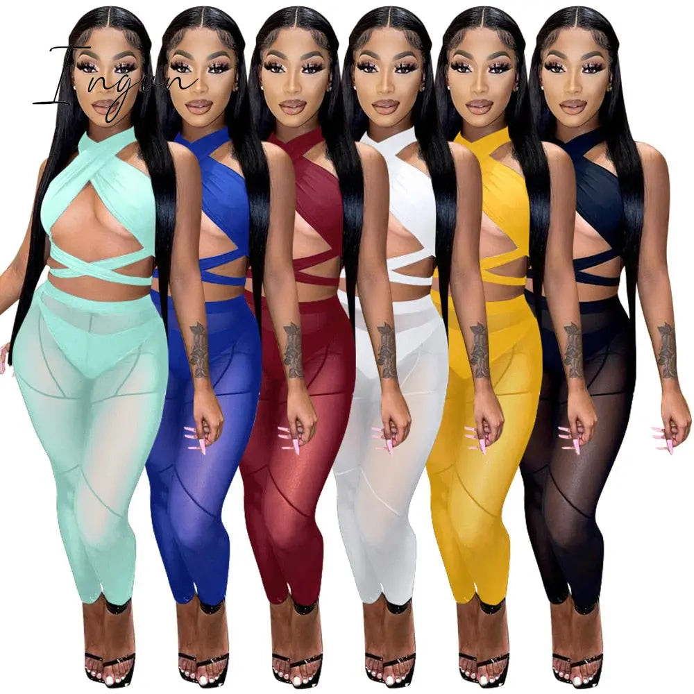 Ingvn - Womens Fashion 3 Pieces Set Bandage Lace Up Halter Crop Top Sheer Mesh Pants Set Party
