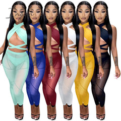 Ingvn - Womens Fashion 3 Pieces Set Bandage Lace Up Halter Crop Top Sheer Mesh Pants Set Party