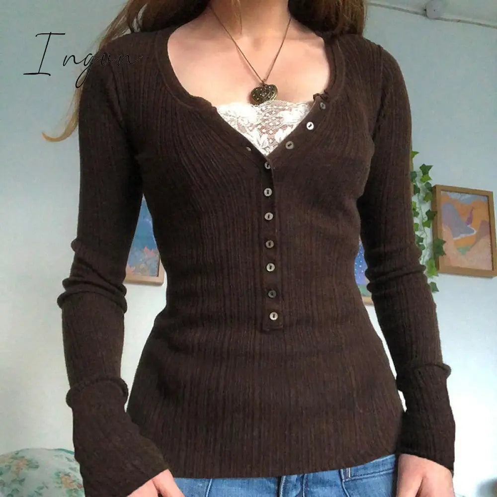 Ingvn - Womens Fashion Button Up Fairy Grunge Aesthetic Casual T-Shirts Retro Y2K Ribbed Lace