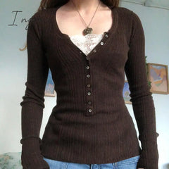 Ingvn - Womens Fashion Button Up Fairy Grunge Aesthetic Casual T-Shirts Retro Y2K Ribbed Lace
