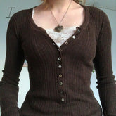Ingvn - Womens Fashion Button Up Fairy Grunge Aesthetic Casual T-Shirts Retro Y2K Ribbed Lace