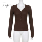 Ingvn - Womens Fashion Button Up Fairy Grunge Aesthetic Casual T-Shirts Retro Y2K Ribbed Lace