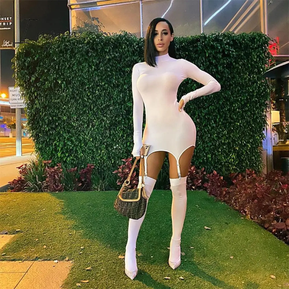 Ingvn - Womens Fashion Casual White Crew Neck Dress Crochet Long Sleeve Bodycon Sexy Chic And