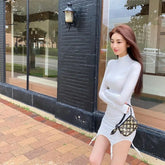 Ingvn - Womens Fashion Casual White Crew Neck Dress Crochet Long Sleeve Bodycon Sexy Chic And