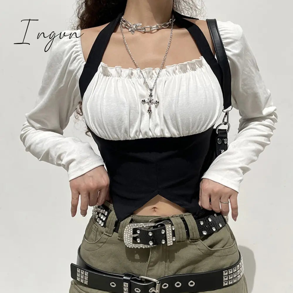 Ingvn - Womens Fashion Gifts For Women Goth Dark Fairycore Grunge Patchwork Women T - Shirts Gothic
